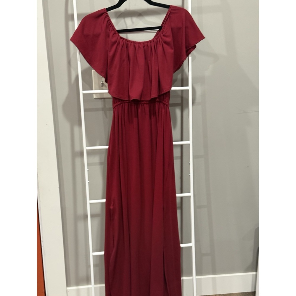 THANTH Burgundy Off Shoulder Ruffle Knit Maxi Dress Women's Size L Romantic Goth - Picture 9 of 9